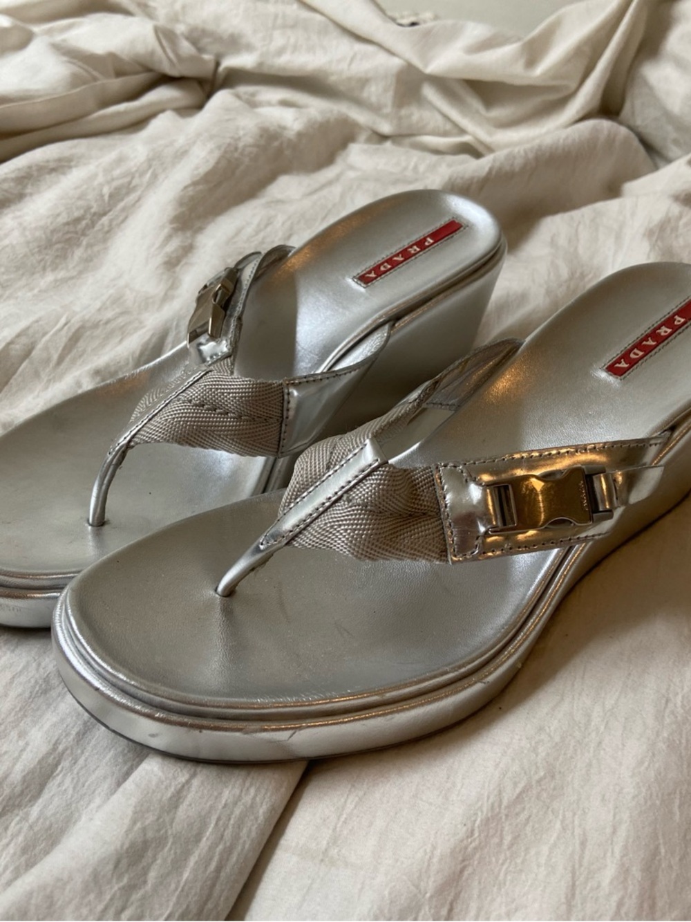 Prada Silver Metallic Wedge Thong Sandals with Buckle Detail - Picture 2 of 6